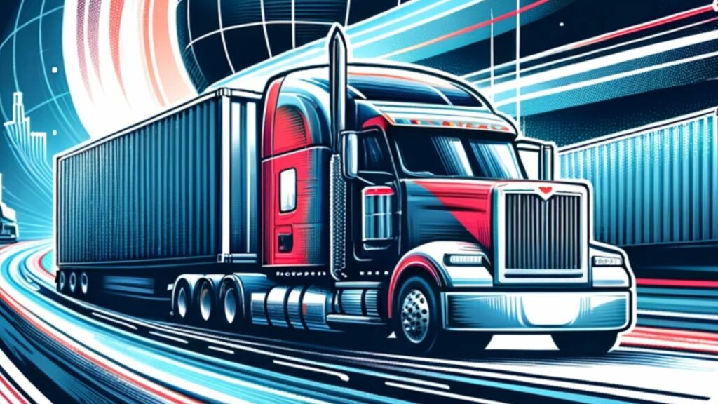 a cartoon image of a semi-truck that is pictured in muted hues of blue and red.