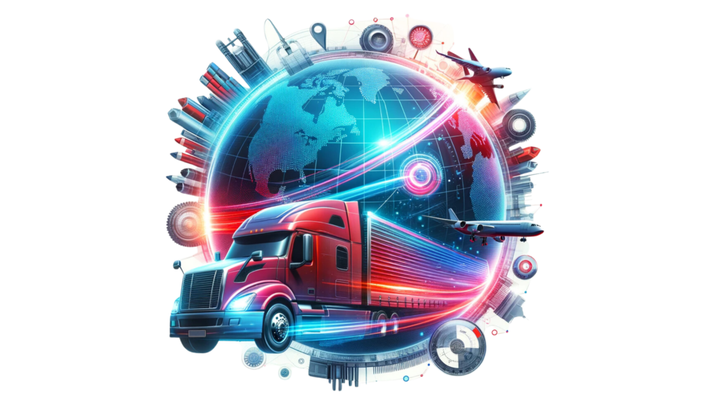 A vibrant collage representing the dynamic world of top freight brokerage firms, showcasing trucks, global maps, and technology interfaces.