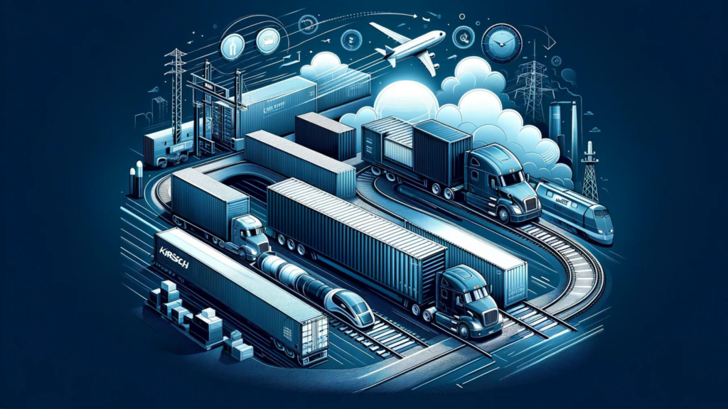 Dynamic illustration of Kirsch Transportation's intermodal services with trucks, trains, and containers in a harmonious flow, emphasizing efficient and sustainable logistics solutions